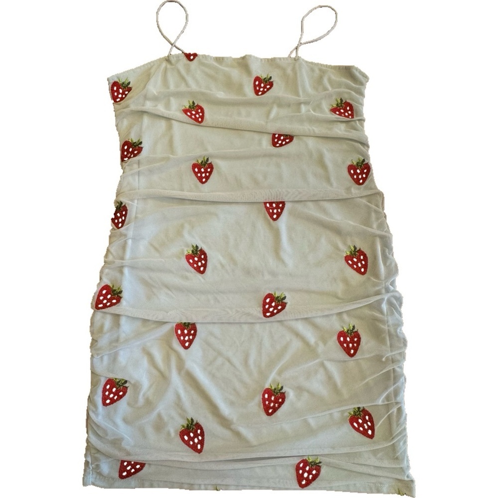 Strawberry Print Light Blue Mini Dress with Spaghetti Straps - Size 3X
